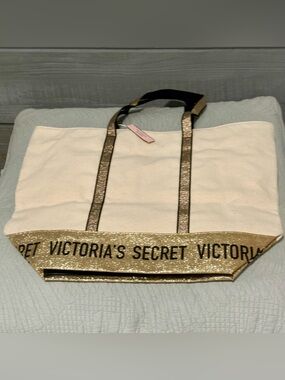 Victoria's Secret, NWT,  Ivory Large Tote with Gold Trim.